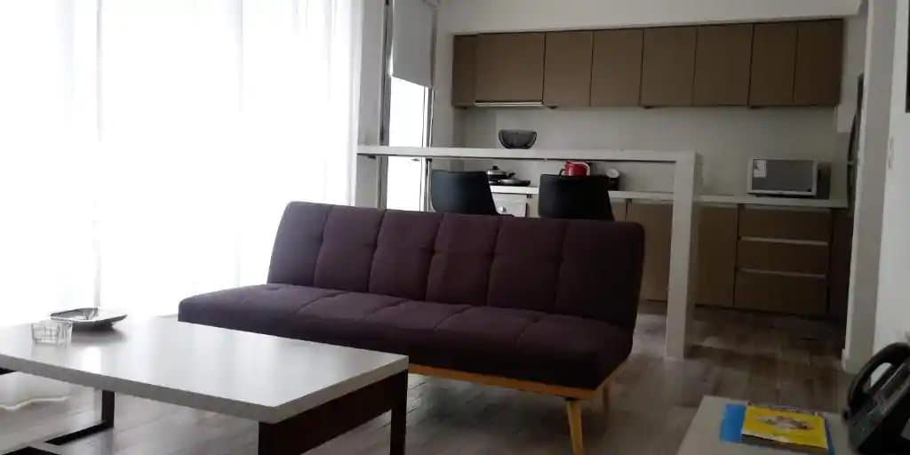 Living con sofá y cocina integrada